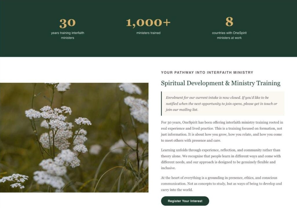 Screenshot of the OneSpirit Circle homepage showing a stats band of 30 years, over 1,000 ministers trained and 8 countries, above the ministry training section