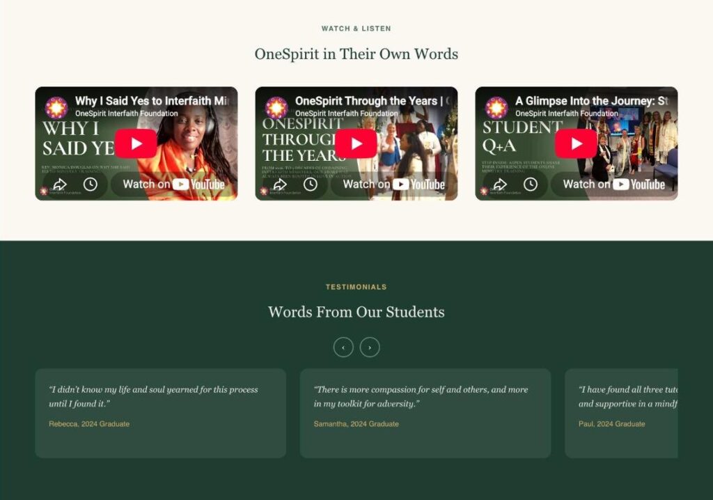 Screenshot of the OneSpirit Circle homepage showing a row of embedded YouTube videos above a slider of student testimonials
