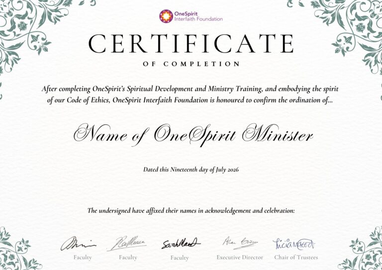 OneSpirit ordination certificate dated July 2026, with sage green botanical corners, the OneSpirit logo, a script name line and five signatures