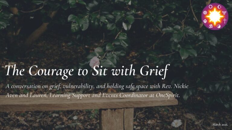 YouTube thumbnail reading The Courage to Sit with Grief over a wooden bench in a dark garden