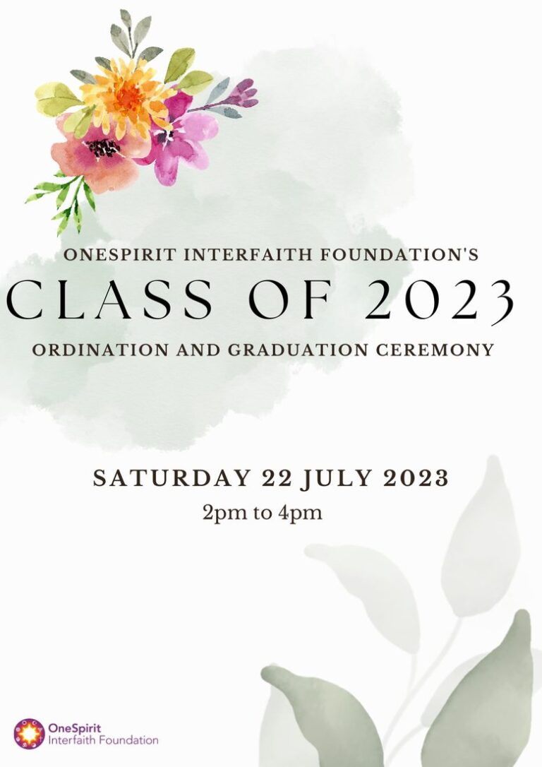 Cover of the program for the OneSpirit Class of 2023 Ordination and Graduation Ceremony, with watercolor flowers