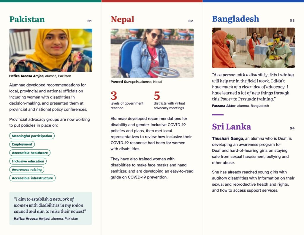 Inside of the Power to Persuade trifold, with color-coded panels sharing alumnae advocacy stories from Pakistan, Nepal, Bangladesh and Sri Lanka