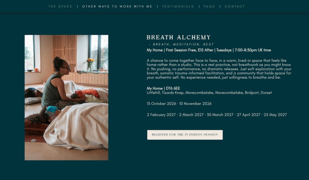 Screenshot of the in-person Breath Alchemy listing on The Serenity Practice website, with a photo of Jax guiding a group resting under blankets