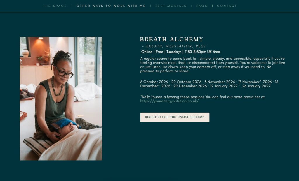 Screenshot of the online Breath Alchemy listing on The Serenity Practice website, with a photo of Jax supporting a resting participant