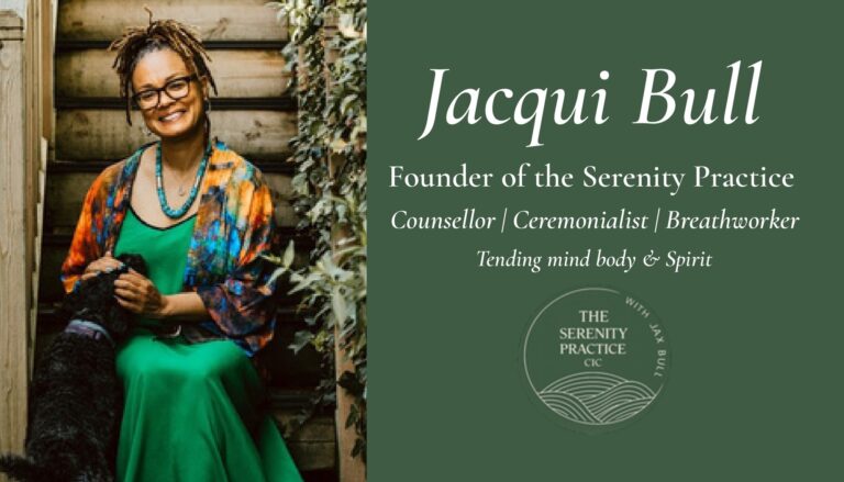 Front of the Serenity Practice business card: a photo of Jacqui Bull beside her name, title and the wave logo in cream on forest green