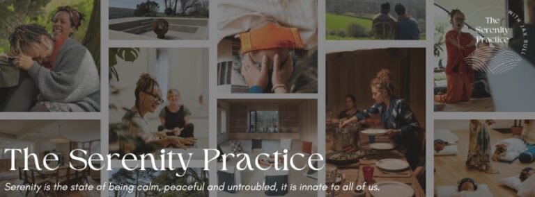 The Serenity Practice Facebook cover: a muted collage of photos from breathwork sessions, shared meals and retreats, with the practice name, tagline and wave logo in white