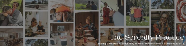 The Serenity Practice LinkedIn banner: a long, muted photo collage of sessions, retreats and community moments, with the practice name and tagline in white on the right