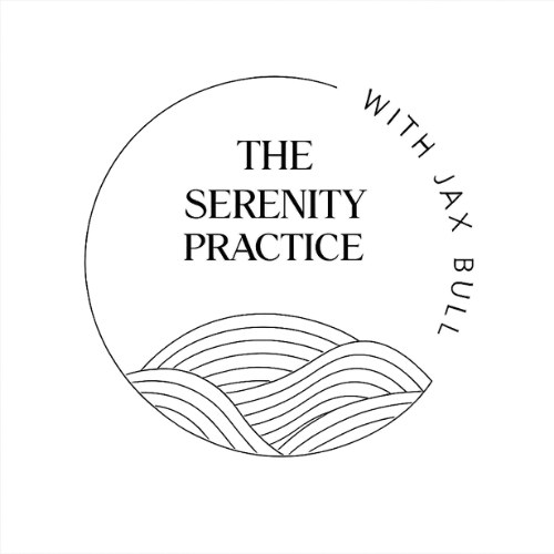 The Serenity Practice with Jax Bull logo in black line art on white: an open circle with rolling wave lines and the name curving around the edge