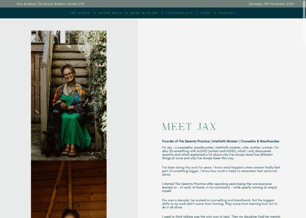 Screenshot of the Meet Jax page on The Serenity Practice website, with a photo of Jax sitting on wooden steps with her dog