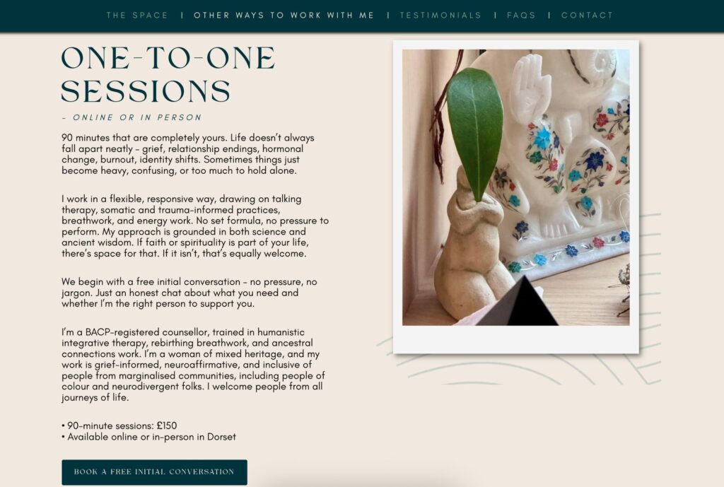 Screenshot of the One-to-One Sessions page on The Serenity Practice website, with session details and a button to book a free initial conversation