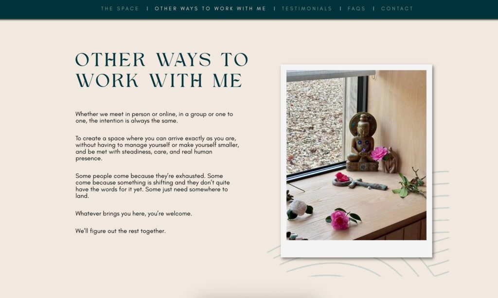 Screenshot of the Other Ways to Work With Me page on The Serenity Practice website, with a photo of a windowsill altar decorated with flowers