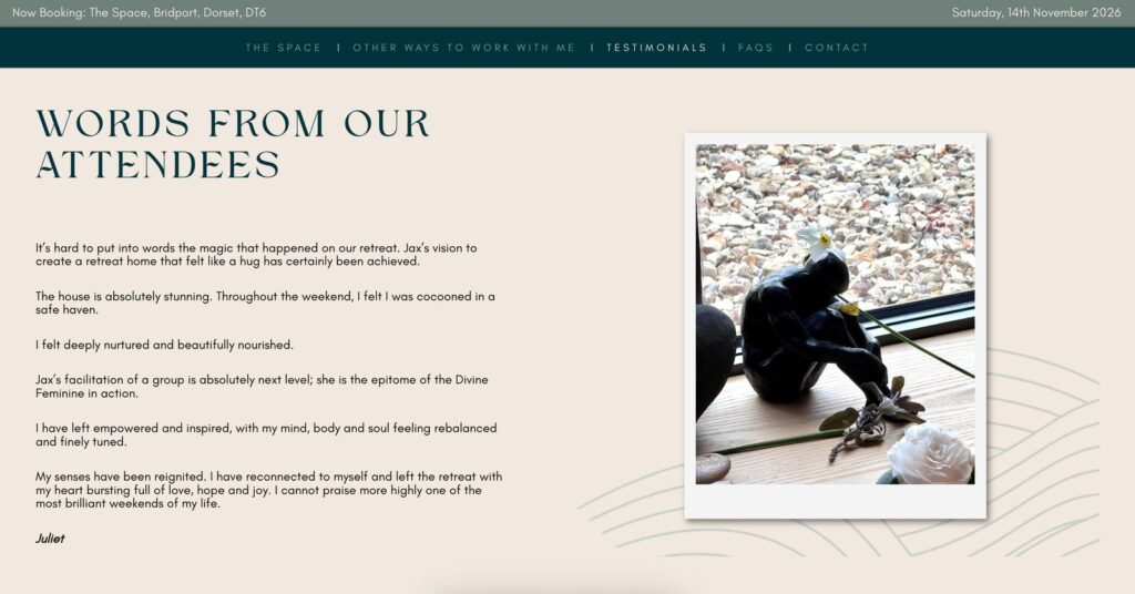 Screenshot of the Words From Our Attendees page on The Serenity Practice website, with a testimonial from Juliet and a photo of a small sculpture on a windowsill