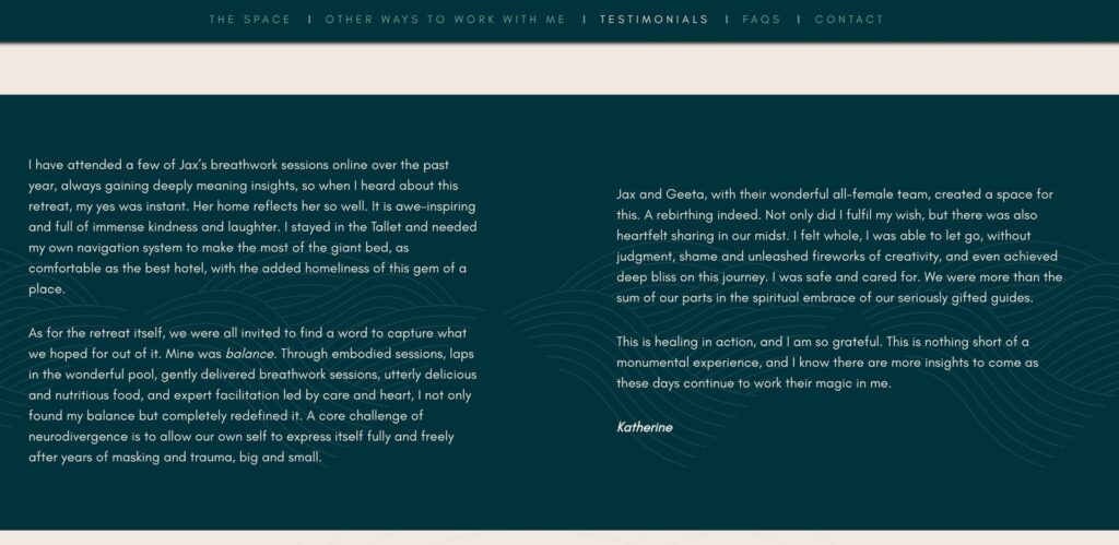 Screenshot of a long testimonial from Katherine on The Serenity Practice website, set on a dark teal background