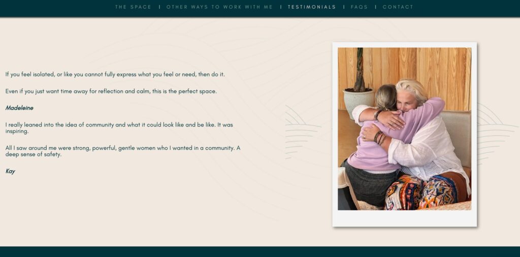 Screenshot of a testimonials section on The Serenity Practice website, with quotes from Madeleine and Kay and a photo of two women hugging