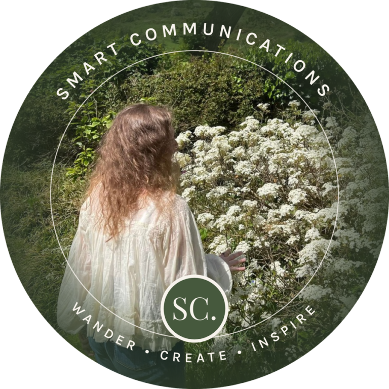 Smart Communications logo, with Kailee in a green garden in Scotland