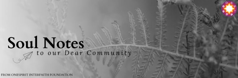 Soul Notes, to our Dear Community: an email header with the title in black over a black-and-white photo of a fern, with the OneSpirit emblem in the corner
