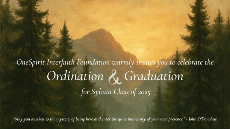 Invitation to the Sylvan Class of 2025 Ordination and Graduation, set over a painted golden mountain sunset between pine trees