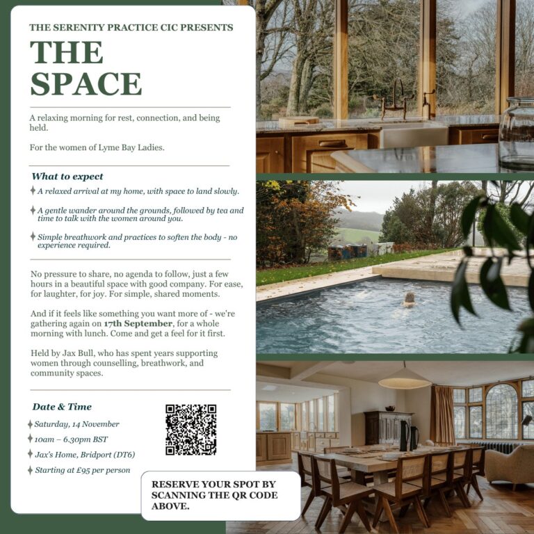 Flyer for The Space, a morning of rest and connection for the women of Lyme Bay Ladies, with photos of a kitchen, outdoor pool and dining room