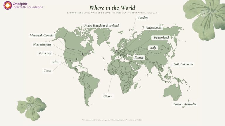 Where in the World: a sage green world map marking everywhere love was sent from for the Birch Class ordination in July 2026, from Montreal, Massachusetts, Tennessee, Texas and Belize to the UK and Ireland, Europe, Ghana, Bali and Eastern Australia