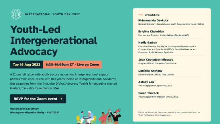 Invitation to Youth-Led Intergenerational Advocacy, an IFES International Youth Day 2022 Zoom event on Tuesday 16 August, with a list of seven speakers and an illustration of young and older people together